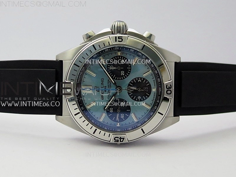 Chronomat B01 42mm SS TF 1:1 Best Edition Ice Blue Dial Black Subdial on Black Rubber Strap A7750