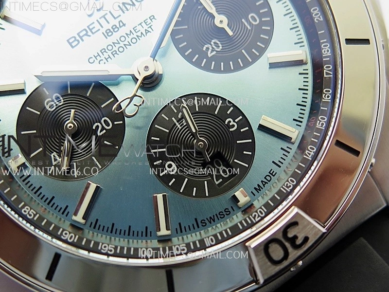 Chronomat B01 42mm SS TF 1:1 Best Edition Ice Blue Dial Black Subdial on Black Rubber Strap A7750