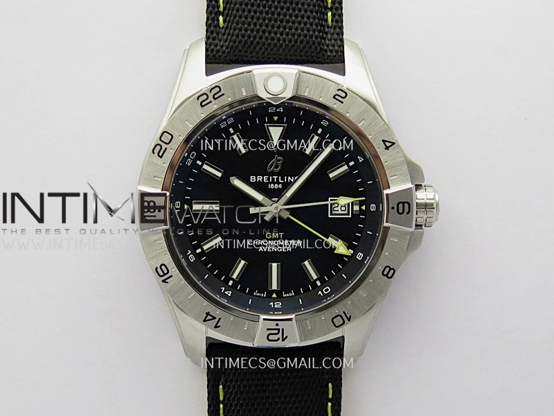 Avenger Chronometer 45mm Yellow GMT Hand SS B50F 1:1 Best Edition Black Dial On Black Nylon Strap A2836