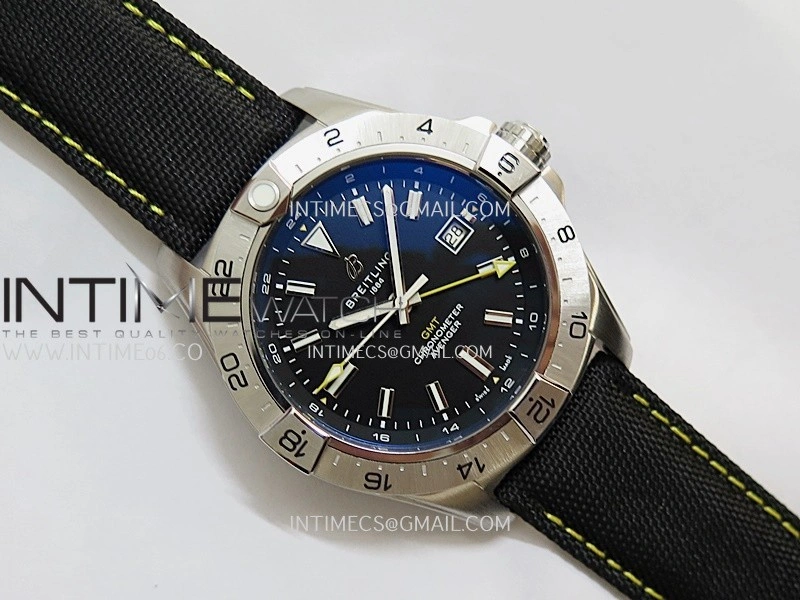 Avenger Chronometer 45mm Yellow GMT Hand SS B50F 1:1 Best Edition Black Dial On Black Nylon Strap A2836