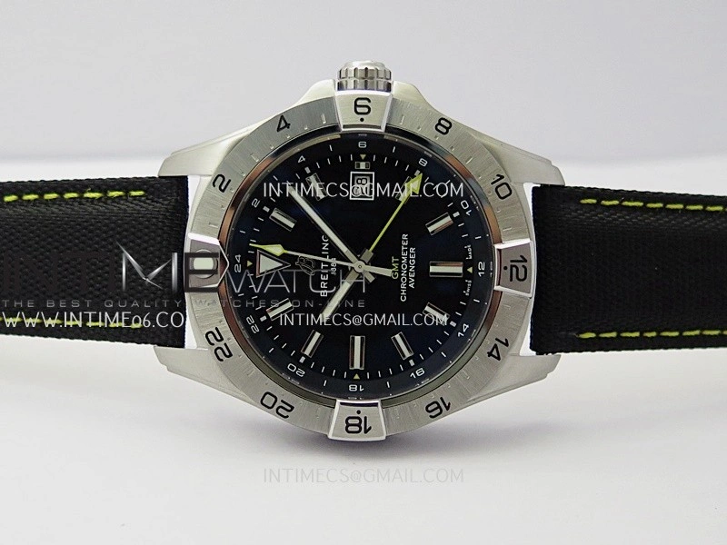Avenger Chronometer 45mm Yellow GMT Hand SS B50F 1:1 Best Edition Black Dial On Black Nylon Strap A2836
