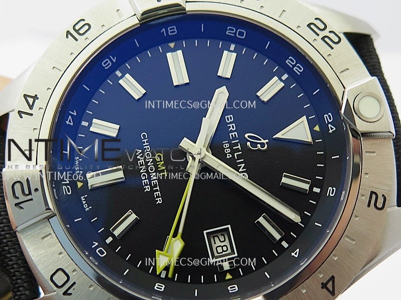 Avenger Chronometer 45mm Yellow GMT Hand SS B50F 1:1 Best Edition Black Dial On Black Nylon Strap A2836