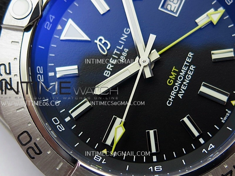 Avenger Chronometer 45mm Yellow GMT Hand SS B50F 1:1 Best Edition Black Dial On Black Nylon Strap A2836