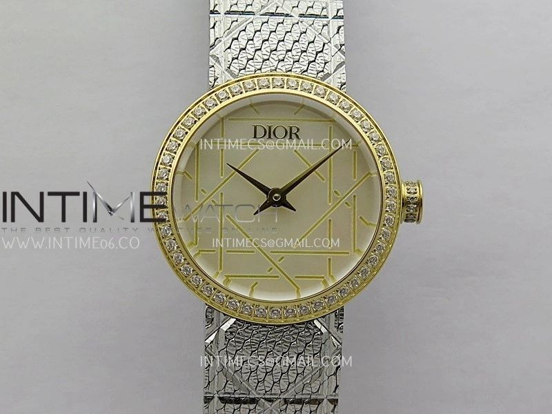 La D de Dior Satine 25mm Diamond Bezel SS YG 8848F 1:1 Best Edition White MOP Dial On SS bracelet Swiss Quartz