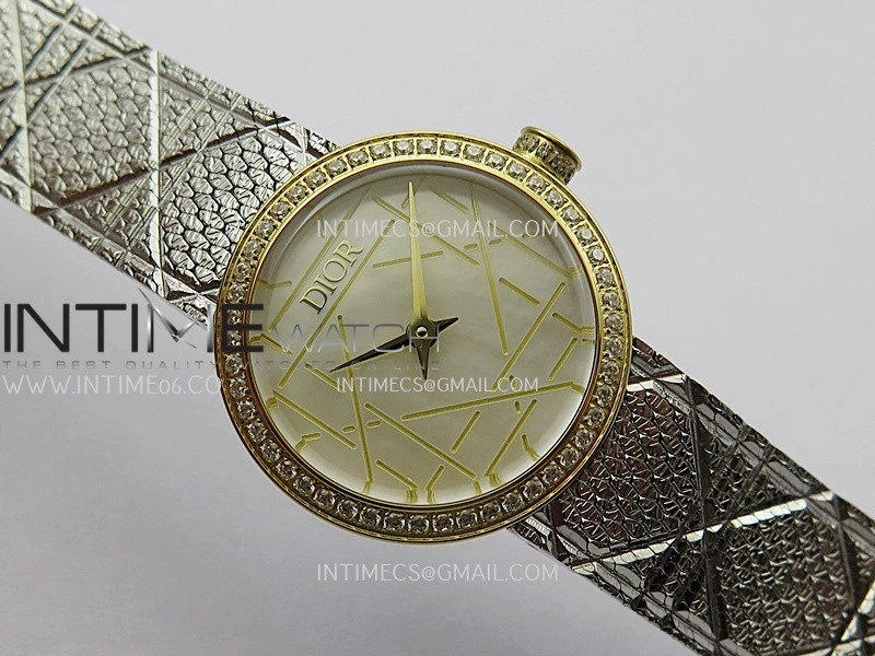 La D de Dior Satine 25mm Diamond Bezel SS YG 8848F 1:1 Best Edition White MOP Dial On SS bracelet Swiss Quartz