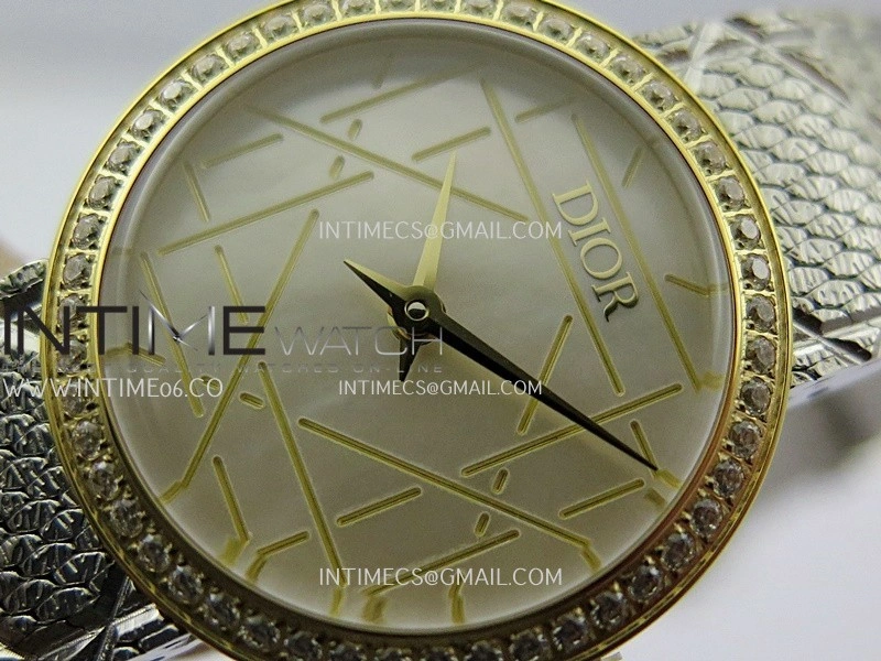 La D de Dior Satine 25mm Diamond Bezel SS YG 8848F 1:1 Best Edition White MOP Dial On SS bracelet Swiss Quartz