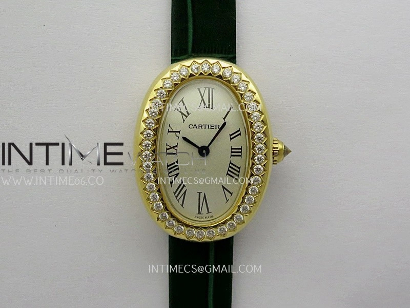 Baignoire Watch Diamond Bezel YG AF 1:1 Best Edition Silver Dial On Green Leather Strap RONDA Quartz