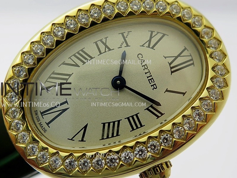 Baignoire Watch Diamond Bezel YG AF 1:1 Best Edition Silver Dial On Green Leather Strap RONDA Quartz