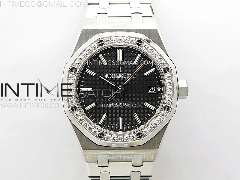 Royal Oak 37mm 15451 SS Diamonds APSF 1:1 Best Edition Black Textured Dial on SS Bracelet SA3120 Super Clone