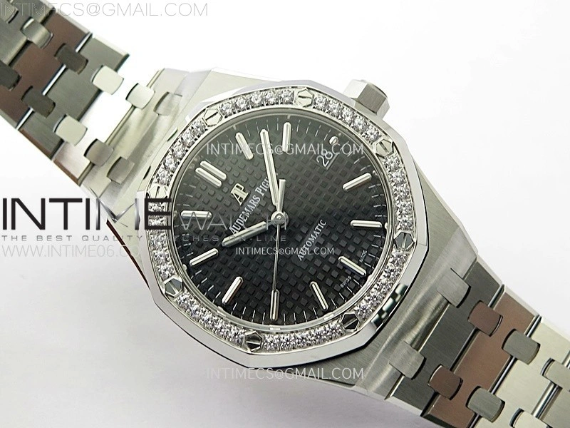 Royal Oak 37mm 15451 SS Diamonds APSF 1:1 Best Edition Black Textured Dial on SS Bracelet SA3120 Super Clone