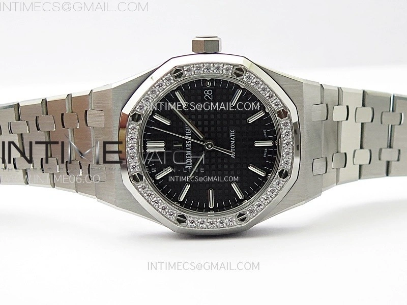 Royal Oak 37mm 15451 SS Diamonds APSF 1:1 Best Edition Black Textured Dial on SS Bracelet SA3120 Super Clone