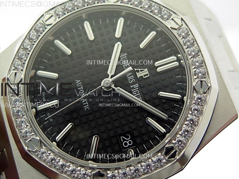Royal Oak 37mm 15451 SS Diamonds APSF 1:1 Best Edition Black Textured Dial on SS Bracelet SA3120 Super Clone