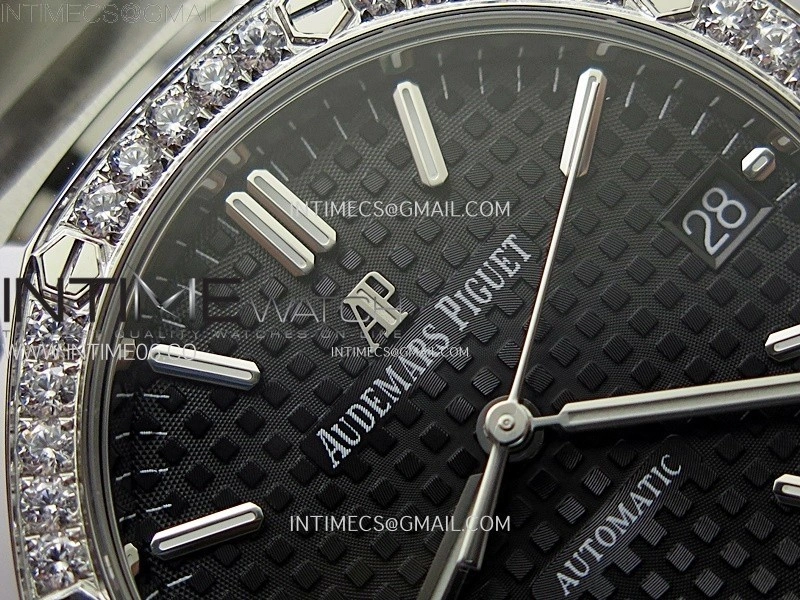 Royal Oak 37mm 15451 SS Diamonds APSF 1:1 Best Edition Black Textured Dial on SS Bracelet SA3120 Super Clone