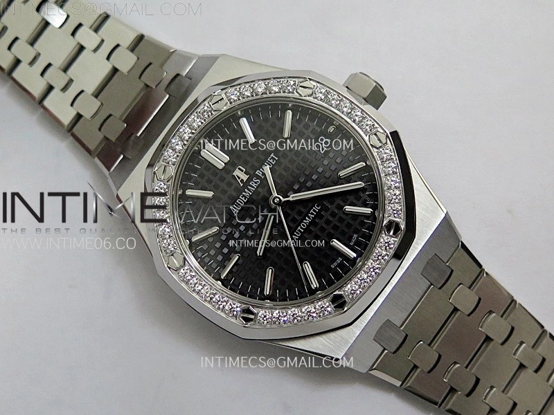 Royal Oak 37mm 15451 SS Diamonds APSF 1:1 Best Edition Black Textured Dial on SS Bracelet SA3120 Super Clone