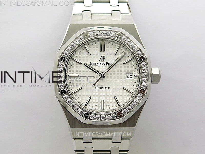 Royal Oak 37mm 15451 SS Diamonds APSF 1:1 Best Edition White Textured Dial on SS Bracelet SA3120 Super Clone