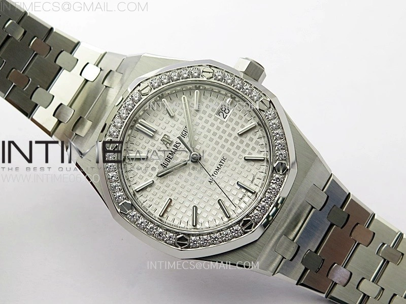 Royal Oak 37mm 15451 SS Diamonds APSF 1:1 Best Edition White Textured Dial on SS Bracelet SA3120 Super Clone