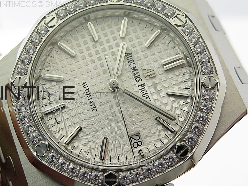 Royal Oak 37mm 15451 SS Diamonds APSF 1:1 Best Edition White Textured Dial on SS Bracelet SA3120 Super Clone