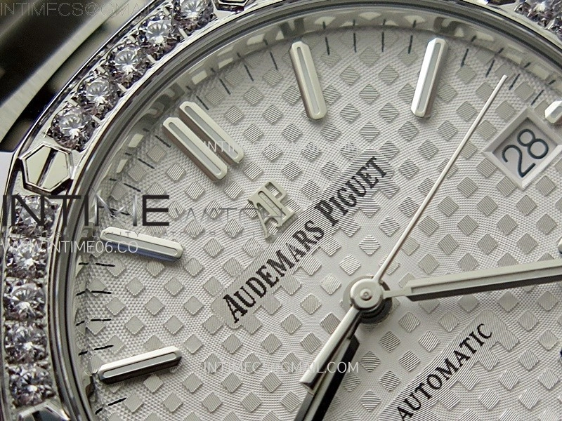 Royal Oak 37mm 15451 SS Diamonds APSF 1:1 Best Edition White Textured Dial on SS Bracelet SA3120 Super Clone