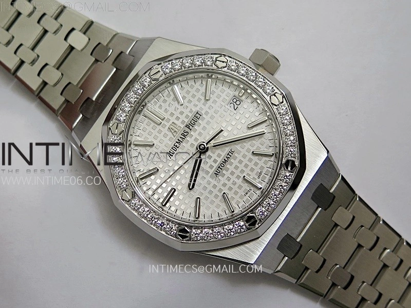 Royal Oak 37mm 15451 SS Diamonds APSF 1:1 Best Edition White Textured Dial on SS Bracelet SA3120 Super Clone