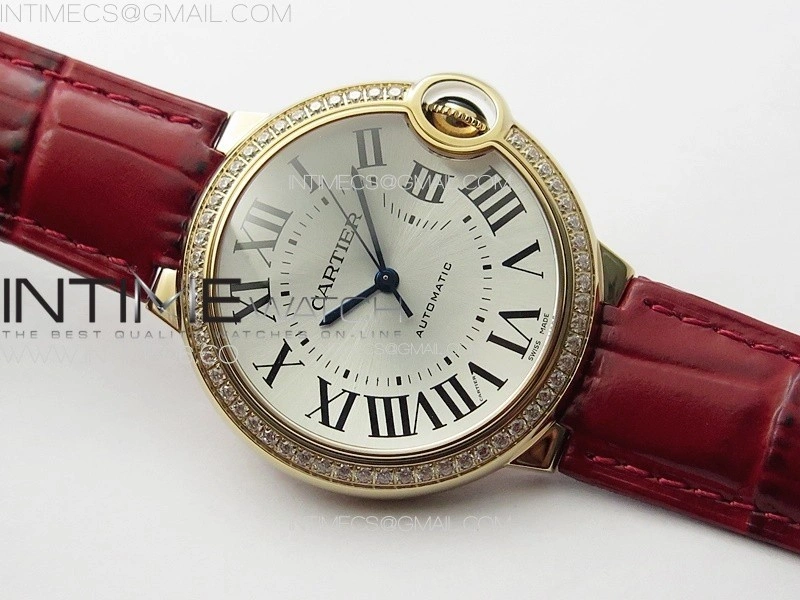 Ballon Bleu 36mm Diamonds Bezel RG 3KF 1:1 Best Edition White Textured Dial On Red Leather Strap A076