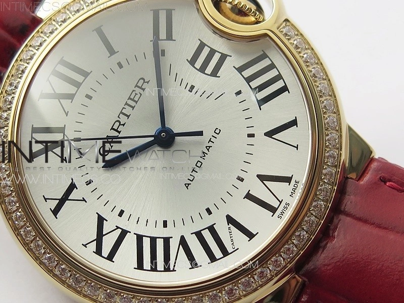 Ballon Bleu 36mm Diamonds Bezel RG 3KF 1:1 Best Edition White Textured Dial On Red Leather Strap A076