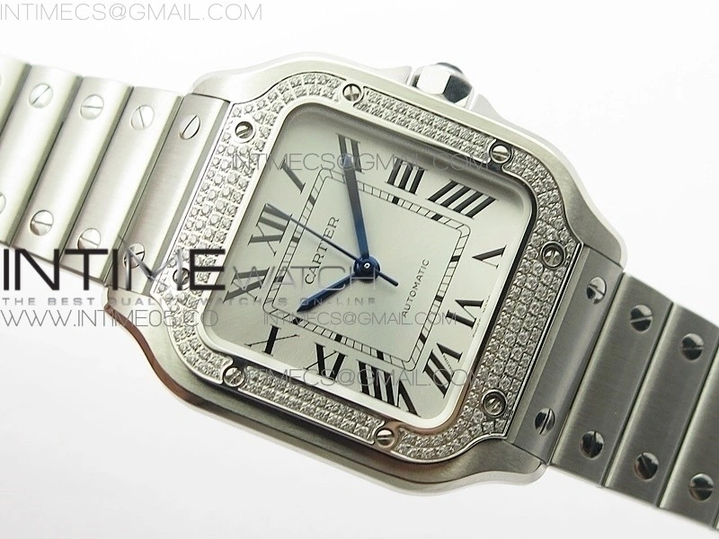Santos de Cartier 35mm 2018 Diamonds Bezel RXW 1:1 Best Edition White Dial on SS SmartLinks Bracelet MIYOTA 9015
