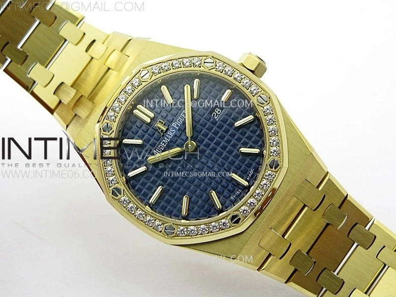 Lady Royal Oak 33mm 67651 Diamonds Bezel YG ZF 1:1 Best Edition Blue Textured Dial on YG Bracelet RONDA Quartz