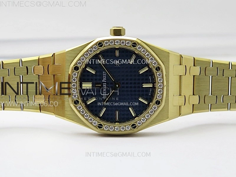 Lady Royal Oak 33mm 67651 Diamonds Bezel YG ZF 1:1 Best Edition Blue Textured Dial on YG Bracelet RONDA Quartz