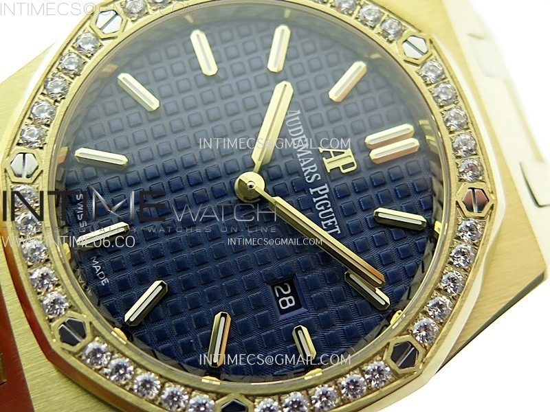 Lady Royal Oak 33mm 67651 Diamonds Bezel YG ZF 1:1 Best Edition Blue Textured Dial on YG Bracelet RONDA Quartz
