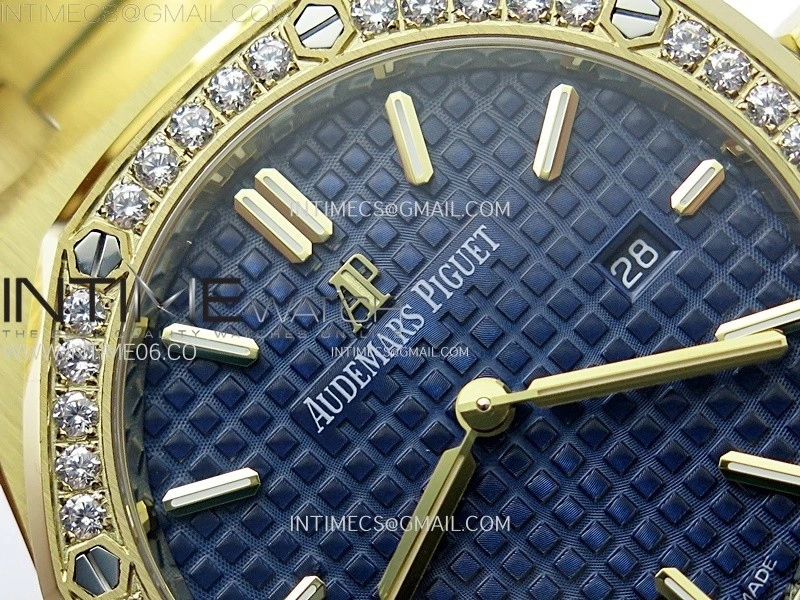 Lady Royal Oak 33mm 67651 Diamonds Bezel YG ZF 1:1 Best Edition Blue Textured Dial on YG Bracelet RONDA Quartz