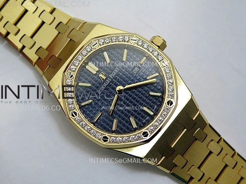 Lady Royal Oak 33mm 67651 Diamonds Bezel YG ZF 1:1 Best Edition Blue Textured Dial on YG Bracelet RONDA Quartz