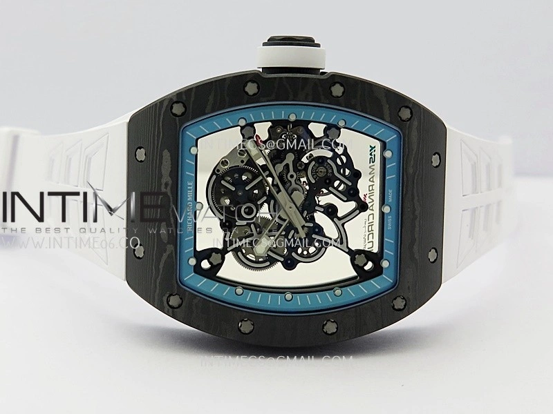RM055 Blue Inner Bezel White Crown NTPT ZF 1:1 Best Edition Skeleton On White Shark Rubber Strap RMUL2 Super Clone