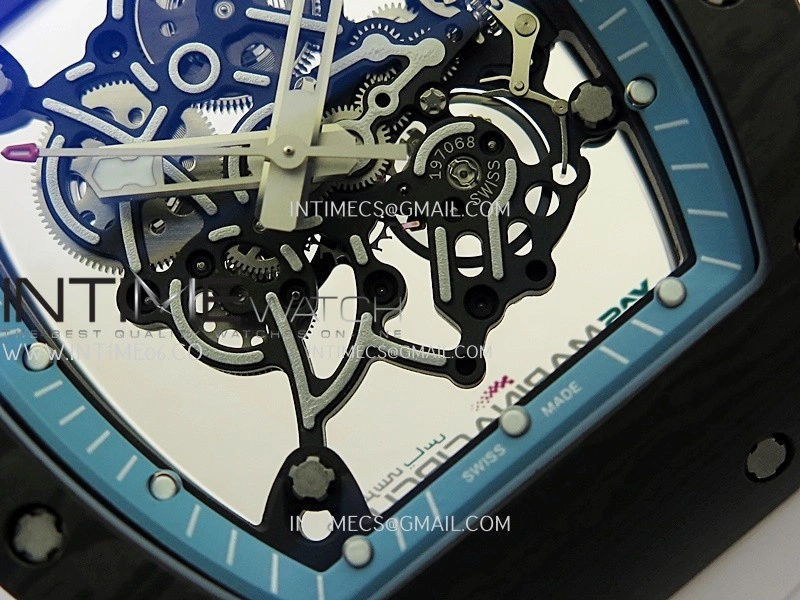 RM055 Blue Inner Bezel White Crown NTPT ZF 1:1 Best Edition Skeleton On White Shark Rubber Strap RMUL2 Super Clone