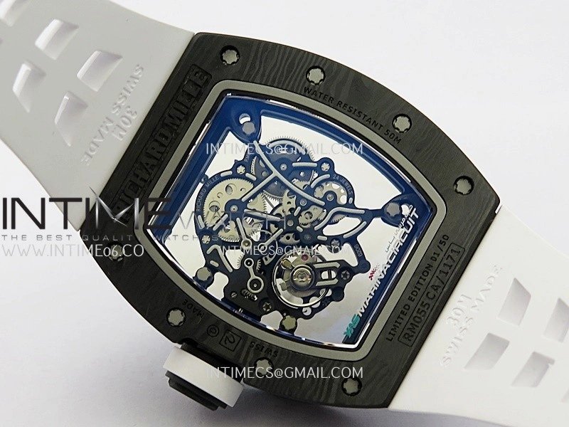 RM055 Blue Inner Bezel White Crown NTPT ZF 1:1 Best Edition Skeleton On White Shark Rubber Strap RMUL2 Super Clone