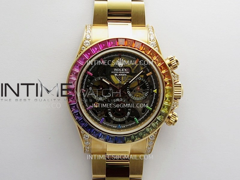 Daytona Arolla Challenge Blaken Rainbow Diamond Bezel RG Sonic Skeleton Dial On RG Bracelet Super Clone SA4130