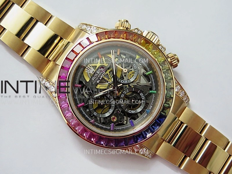 Daytona Arolla Challenge Blaken Rainbow Diamond Bezel RG Sonic Skeleton Dial On RG Bracelet Super Clone SA4130