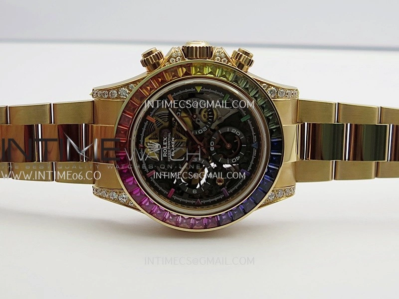 Daytona Arolla Challenge Blaken Rainbow Diamond Bezel RG Sonic Skeleton Dial On RG Bracelet Super Clone SA4130