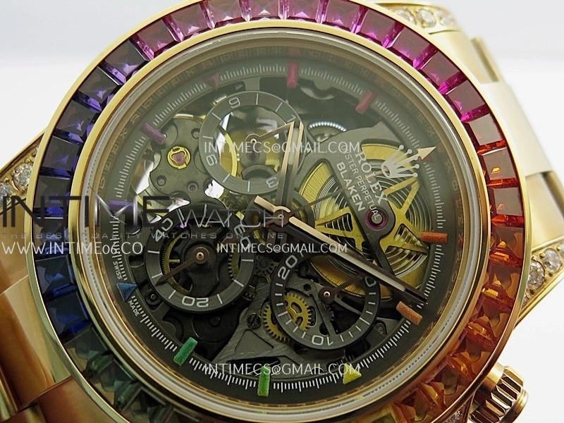 Daytona Arolla Challenge Blaken Rainbow Diamond Bezel RG Sonic Skeleton Dial On RG Bracelet Super Clone SA4130