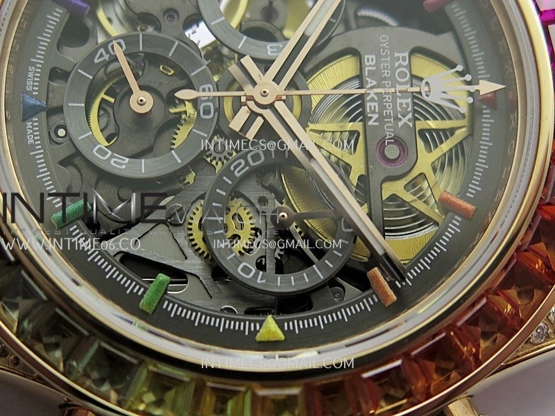Daytona Arolla Challenge Blaken Rainbow Diamond Bezel RG Sonic Skeleton Dial On RG Bracelet Super Clone SA4130