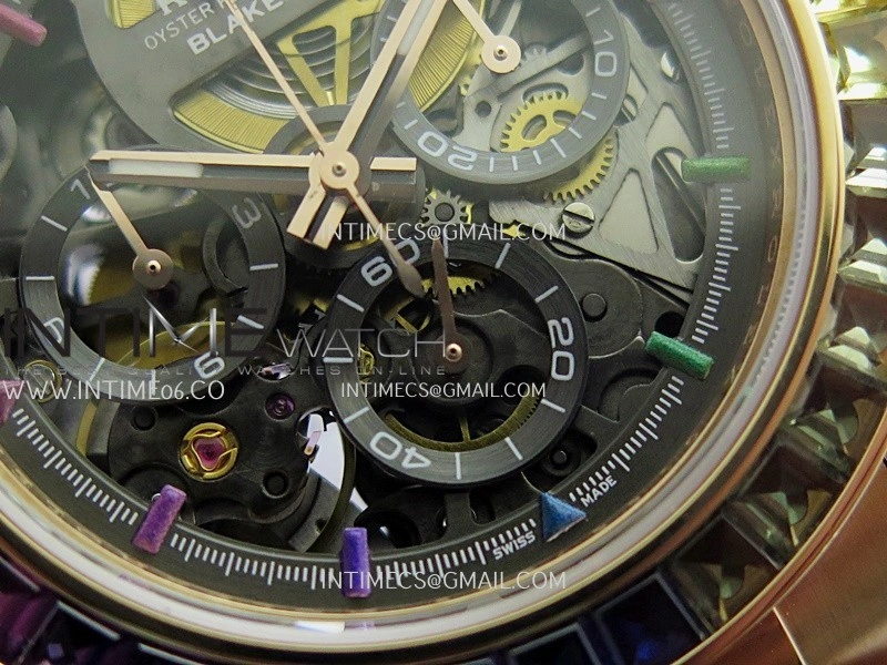 Daytona Arolla Challenge Blaken Rainbow Diamond Bezel RG Sonic Skeleton Dial On RG Bracelet Super Clone SA4130