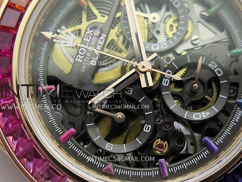 Daytona Arolla Challenge Blaken Rainbow Diamond Bezel RG Sonic Skeleton Dial On RG Bracelet Super Clone SA4130