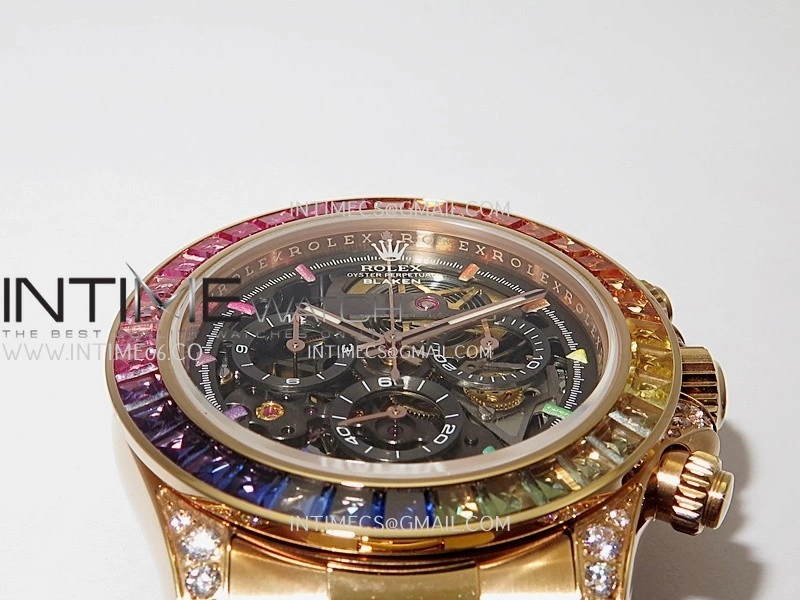 Daytona Arolla Challenge Blaken Rainbow Diamond Bezel RG Sonic Skeleton Dial On RG Bracelet Super Clone SA4130