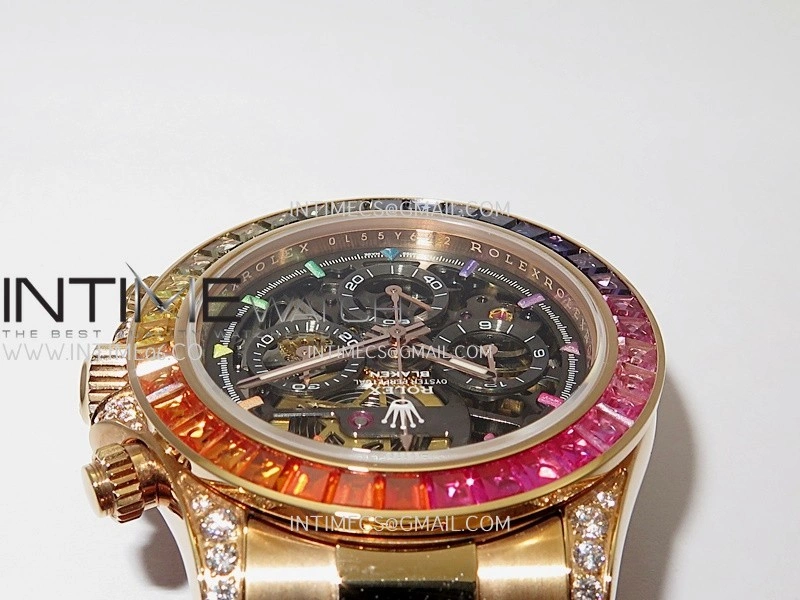 Daytona Arolla Challenge Blaken Rainbow Diamond Bezel RG Sonic Skeleton Dial On RG Bracelet Super Clone SA4130