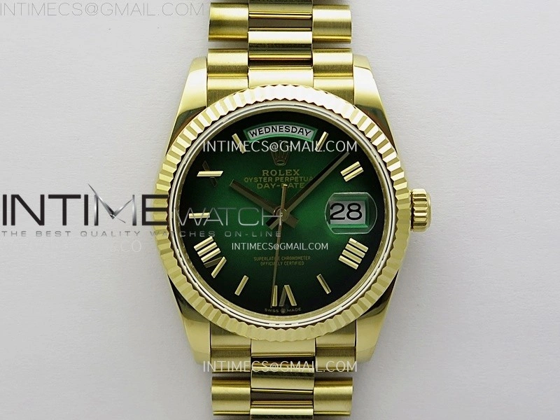 Day Date 128238 Gain Weight YG QF 1:1 Best Edition Green Dial Roman Markers on YG President Bracelet