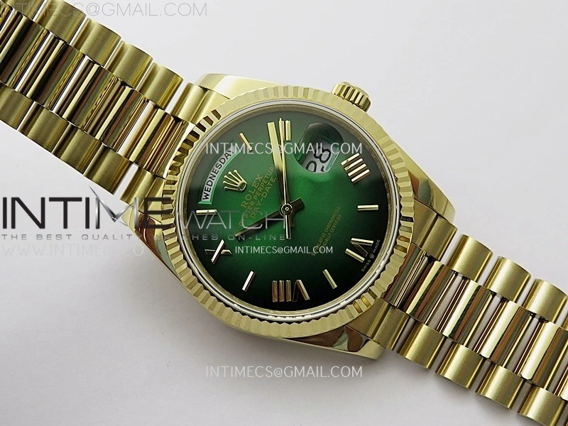 Day Date 128238 Gain Weight YG QF 1:1 Best Edition Green Dial Roman Markers on YG President Bracelet