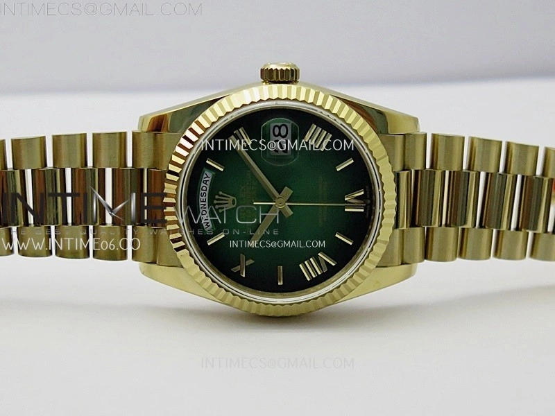 Day Date 128238 Gain Weight YG QF 1:1 Best Edition Green Dial Roman Markers on YG President Bracelet