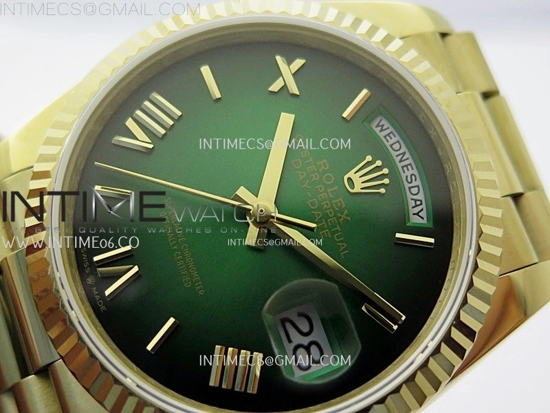 Day Date 128238 Gain Weight YG QF 1:1 Best Edition Green Dial Roman Markers on YG President Bracelet