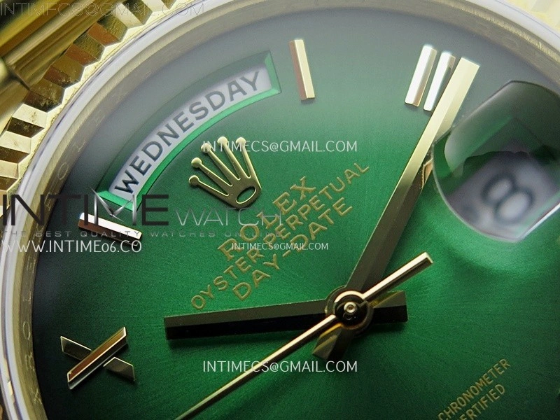 Day Date 128238 Gain Weight YG QF 1:1 Best Edition Green Dial Roman Markers on YG President Bracelet