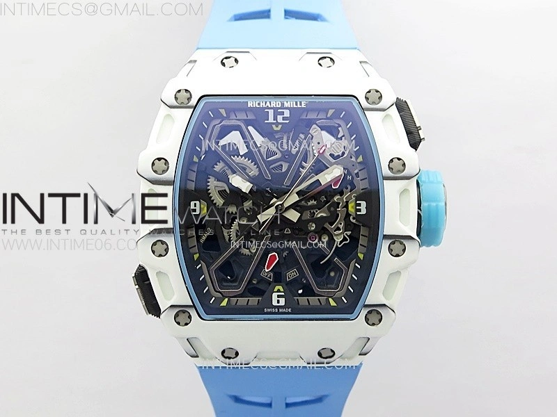 RM035-03 White Carbon Blue Crown Z Factory Skeleton Dial on Blue Rubber Strap Asian Skeleton movement