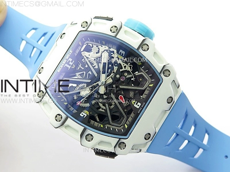 RM035-03 White Carbon Blue Crown Z Factory Skeleton Dial on Blue Rubber Strap Asian Skeleton movement